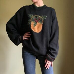 Vintage Berry Basket Sweater, Thick Cotton Holiday Sweater, Embroidered